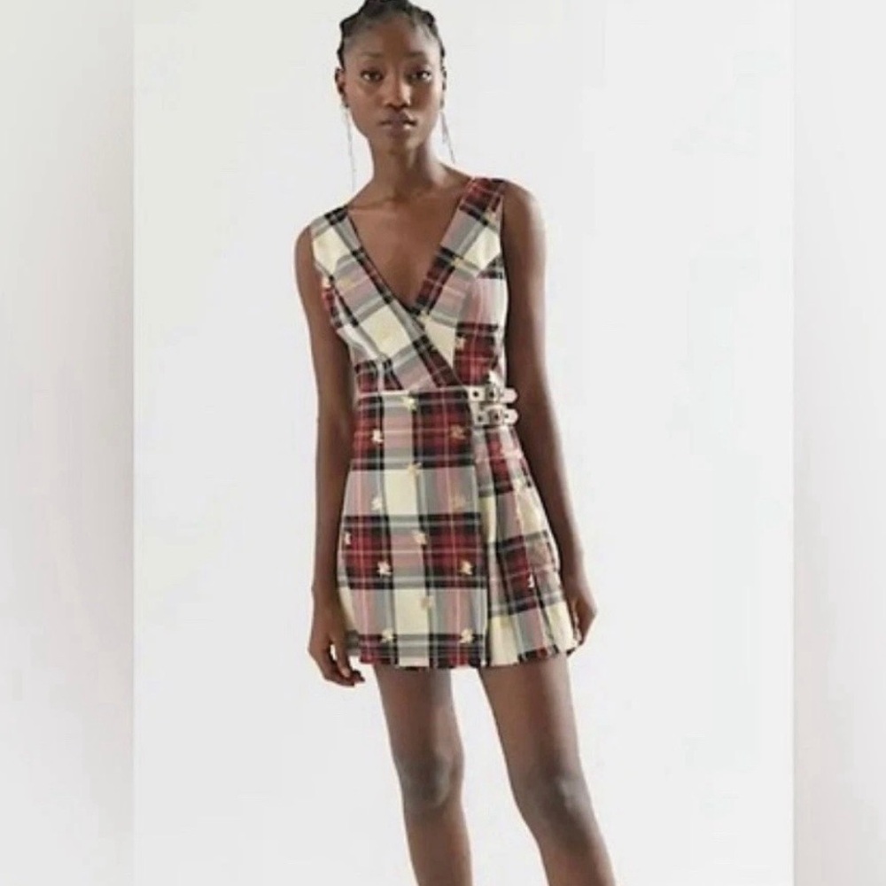 Urban Outfitters Red Plaid Gold Criss Cross Romper